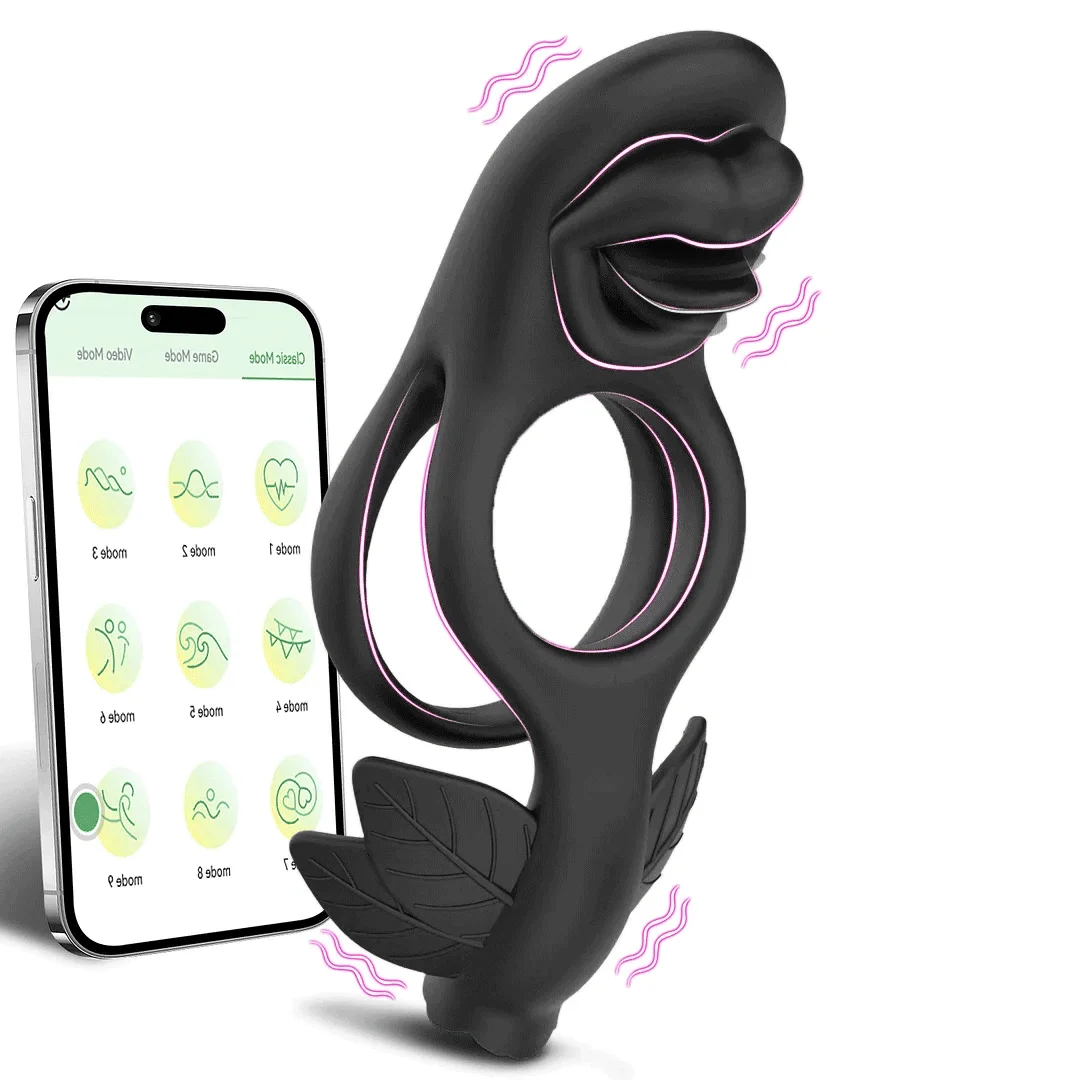 App-Enabled Cock Ring with Tongue Licking and Vibrating Functions for Couples