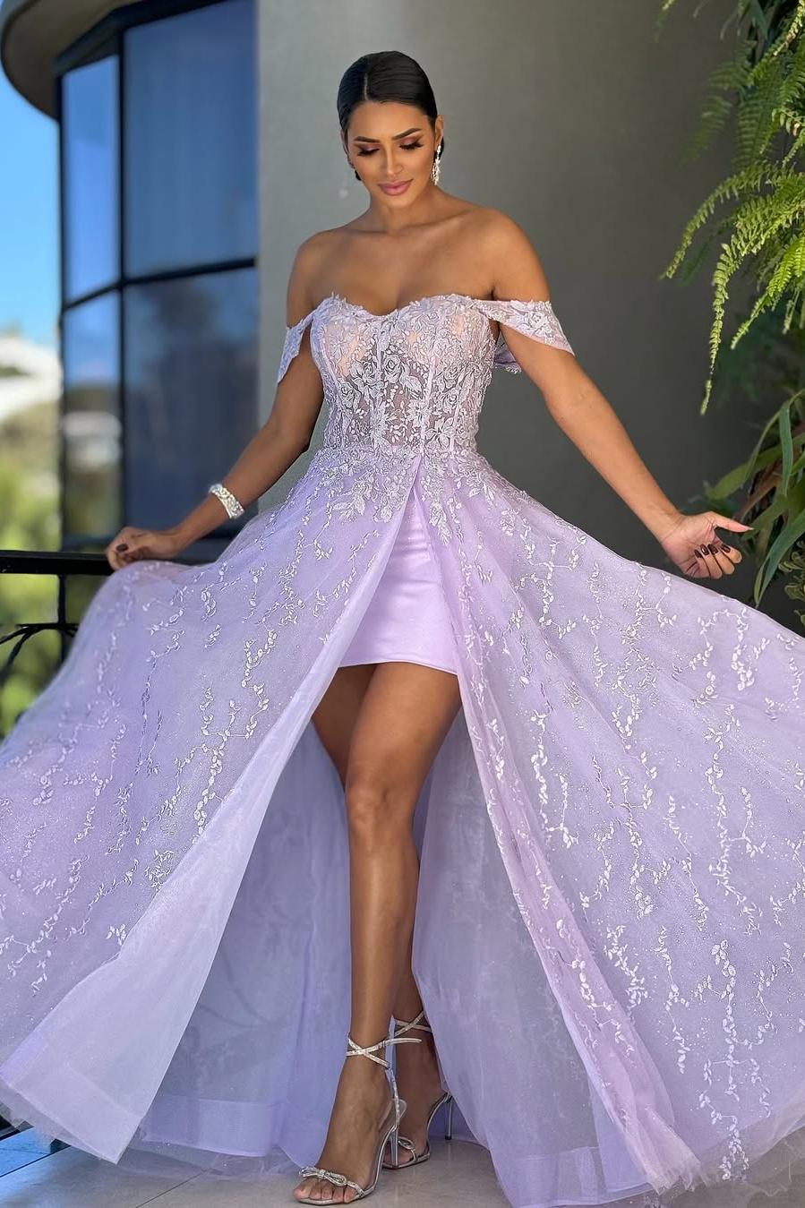 Lussooy Purple Satin Off the Shoulder Amazing Strapless Long Prom Dress with Applique 