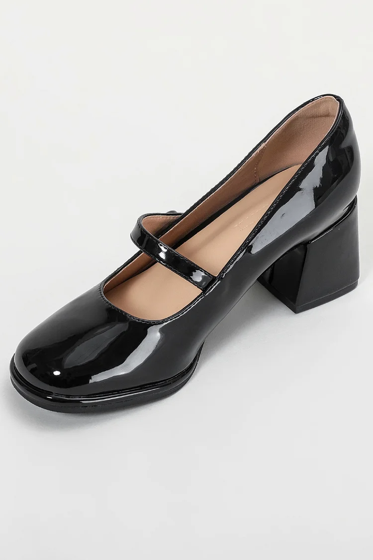 1950s Black Casual Retro Round Head Patent PU Leather High Heel Pumps