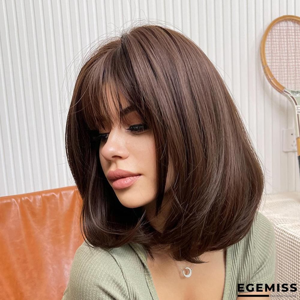 Dark Brown Short Bob Hair Wigs with Bangs Synthetic Wig | EGEMISS