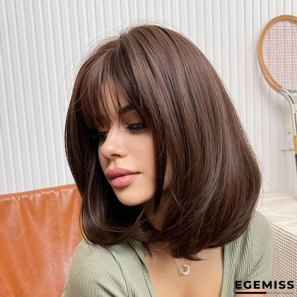 Dark Brown Short Bob Hair Wigs with Bangs Synthetic Wig | EGEMISS