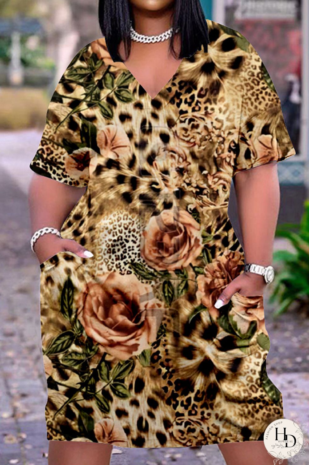 Purplish Blue Fashion Casual Print Basic V Neck Short Sleeve Dress