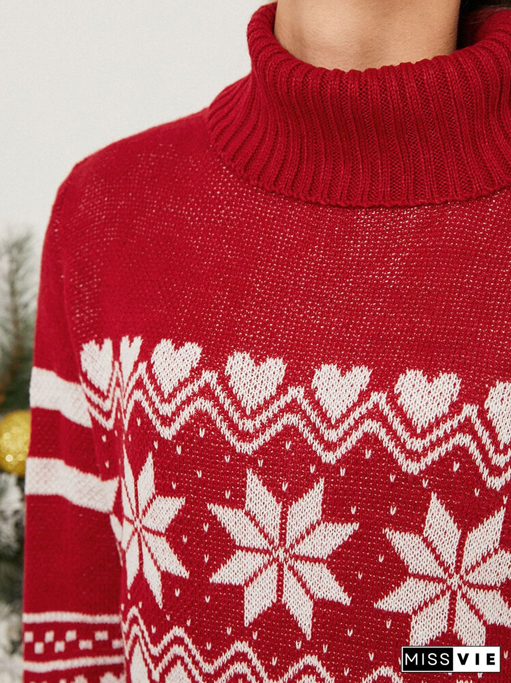 Christmas Snowflake Pattern Turtleneck Long Sleeve Knit Sweater