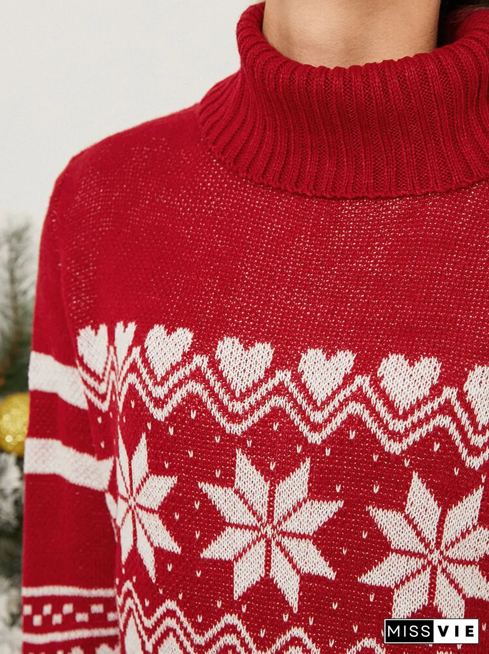 Christmas Snowflake Pattern Turtleneck Long Sleeve Knit Sweater