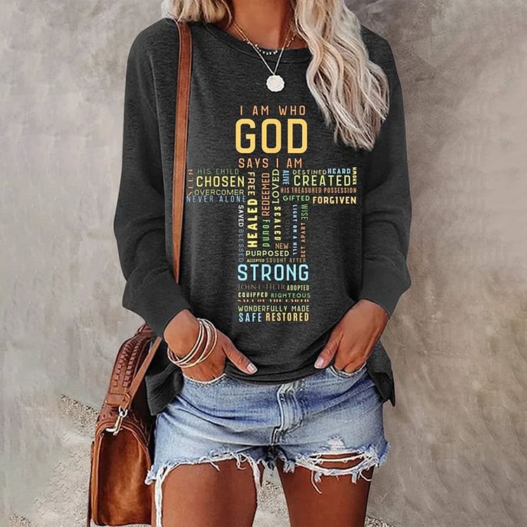 VChics Jesus Letters Printed Long Sleeve Round Neck Casual T-Shirt