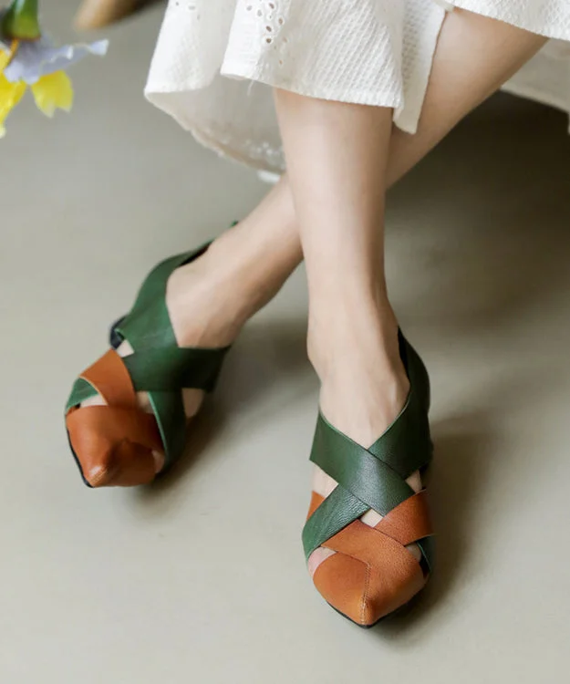 Casual Pointed Toe Chunky Sandals Yellow Green Cowhide Leather Splicing Sandals