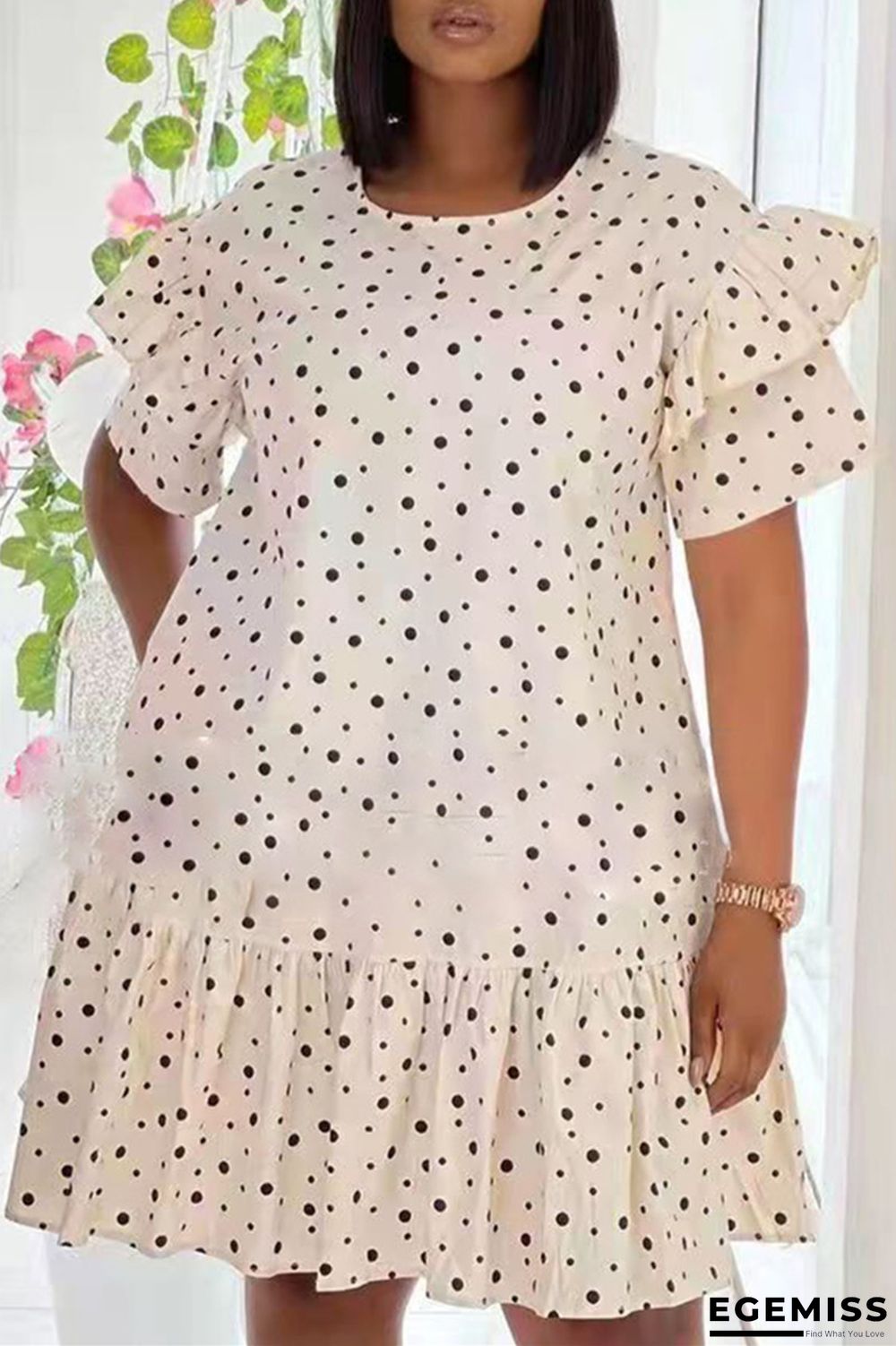 Apricot Fashion Casual Dot Print Patchwork O Neck Short Sleeve Dress Dresses | EGEMISS