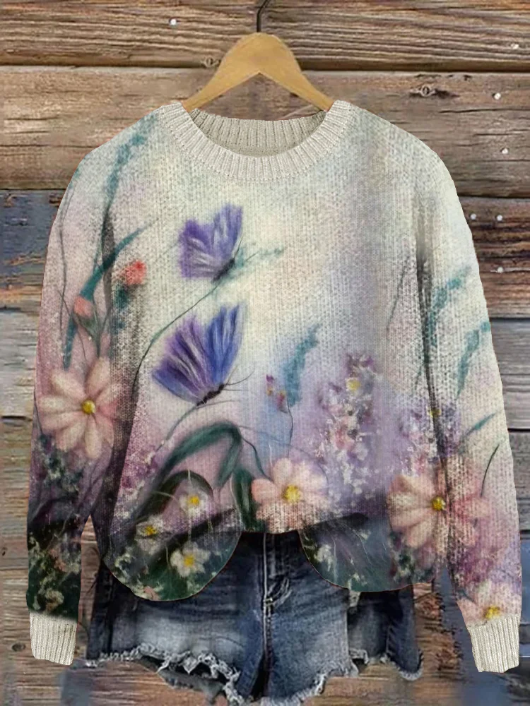 VChics Butterflies & Wild Flowers Felt Art Cozy Sweater