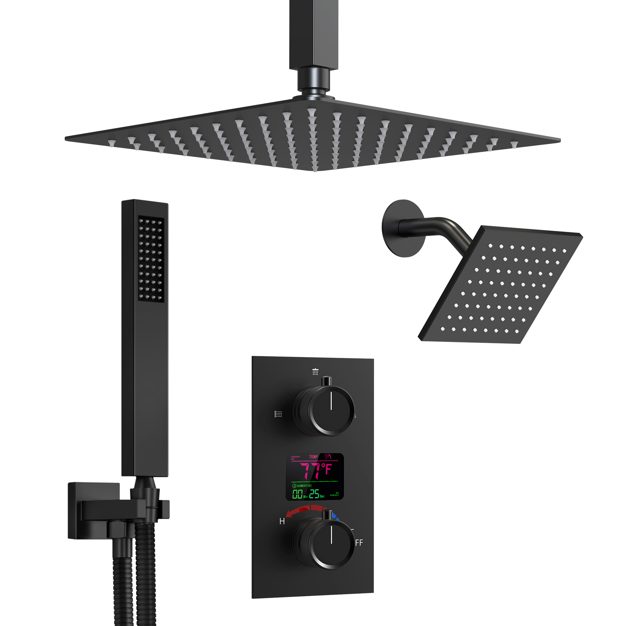 Dual Shower Head and Handheld Shower Head with Real-time Temperature Display in Matte Black (Valve Included)
