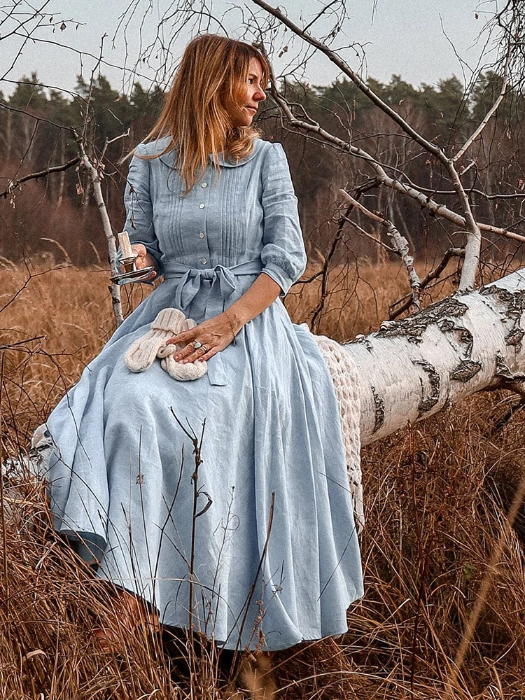 Vintage Cottagecore Pleated Maxi Dress