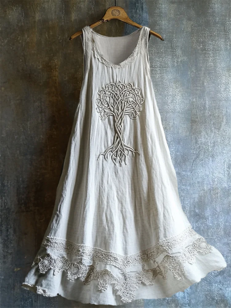 Viking Celtic Tree Of Life Lace Hem Layered Linen Dress