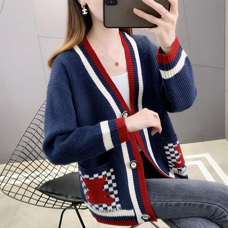 Cartoon Shift Casual Buttoned Sweater QueenFunky