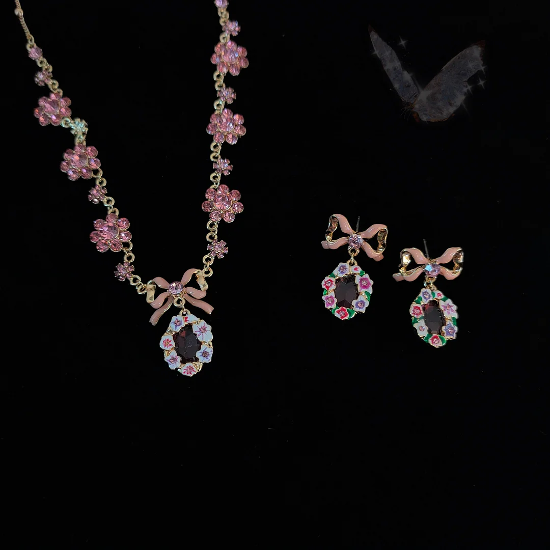 Pink Bow Gemstone Necklace Earrings - Pink