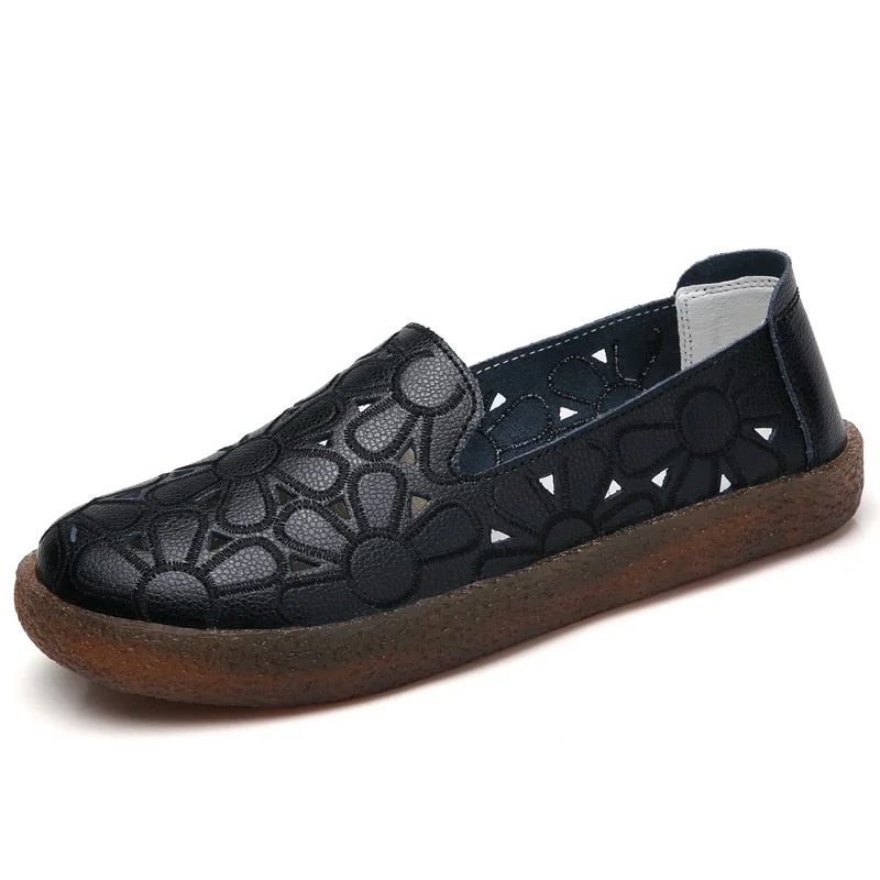 Women Flat Shoes Genuine Leather Lightweight Loafers Ladies Fashion femmes Cutout Slip On Comfortable Breathable Casual Shoes