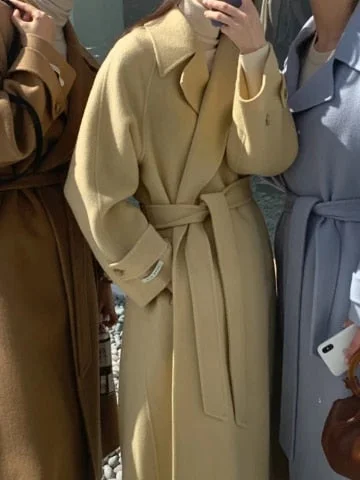 pornhint Pornhint Vintage Wool Long Jacket Woman Thicken Khaki Chic Autumn Winter Oversized Long-sleeve Coats Women Pocket Korean Business Blends