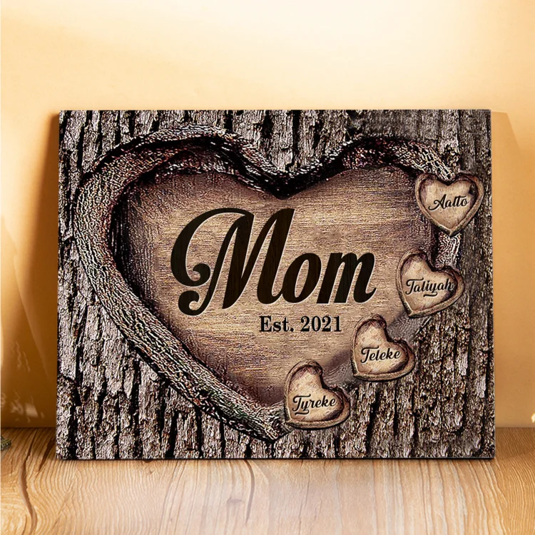 4 Names - Personalized Mom Wooden Plaque Custom Date & Names Home Decoration Hearts Gift for Mother