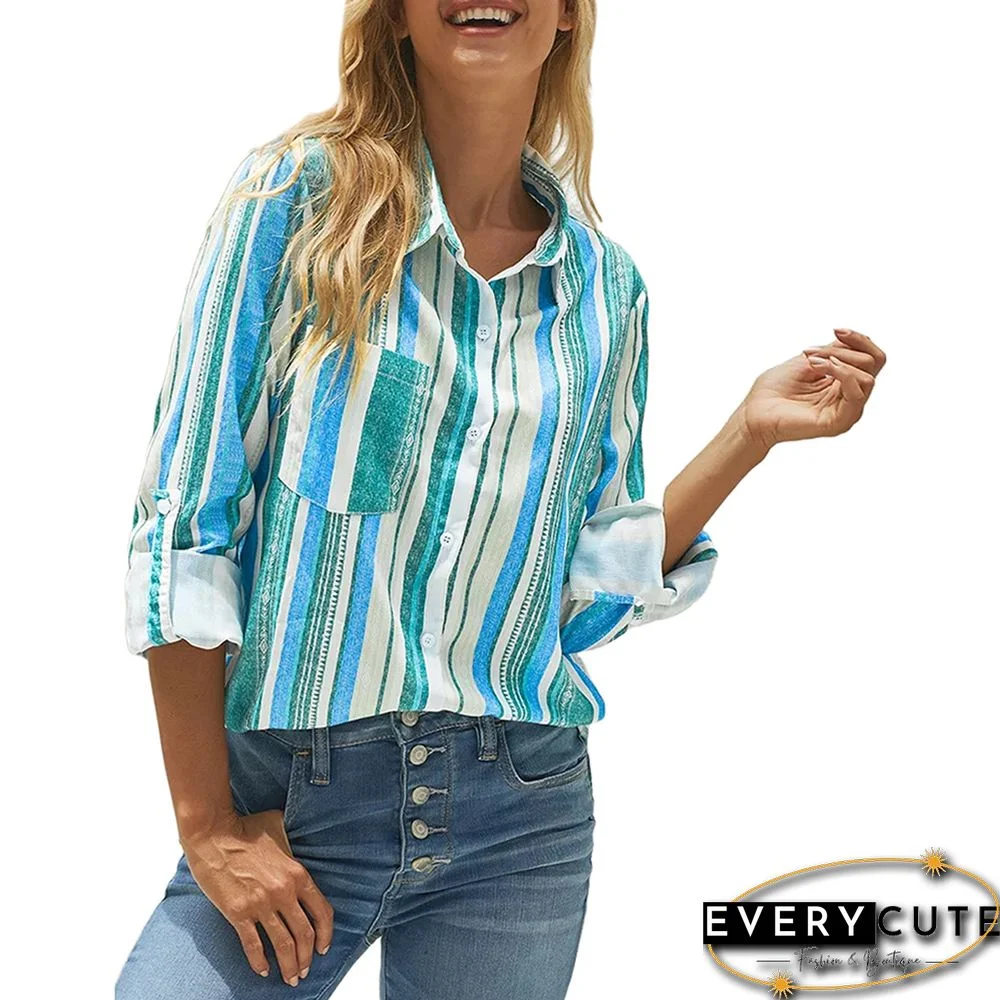 Cyan Striped Print Long Sleeve Button Pocket Shirt