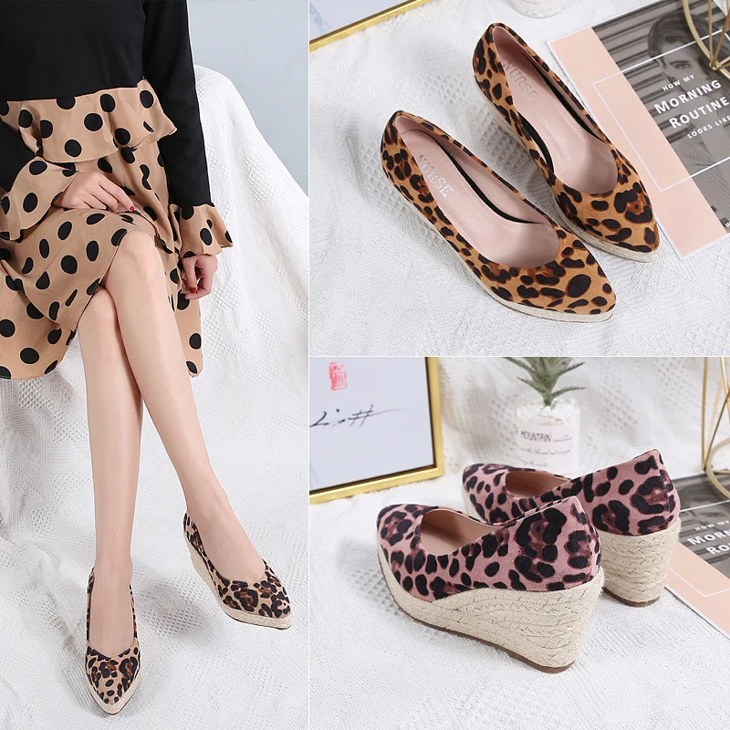 Wongn Wongn Spring And Autumn 2023 Wedge Single Shoes Women's Shallow Tip Thick Grass Woven High Heel Female Leopard Grain Thick Heel