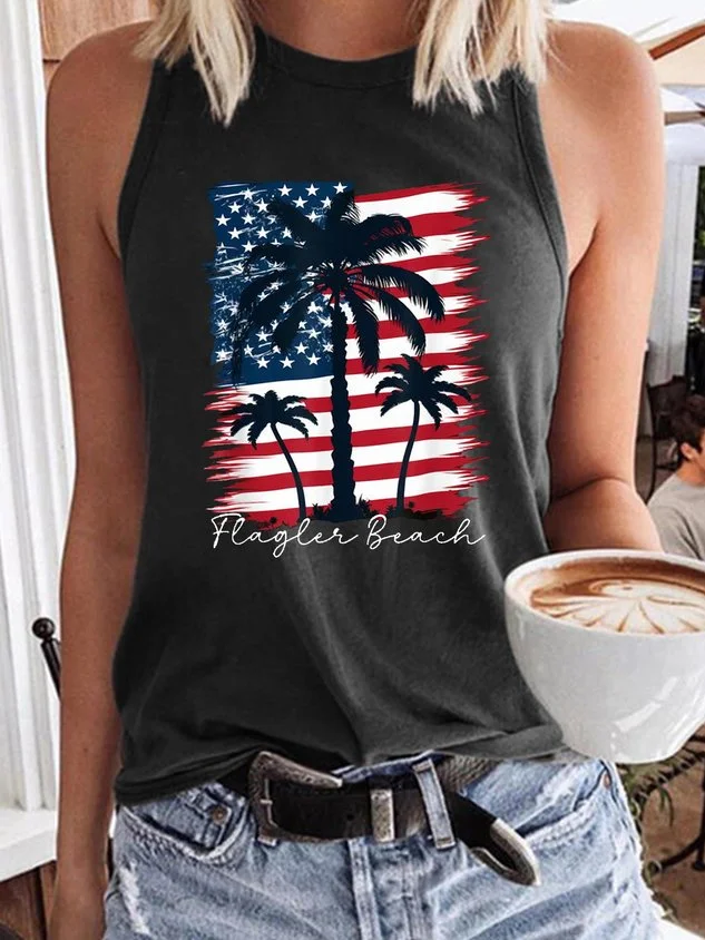 Women's Flagler Beach Patriotic American Flag Palm Trees Casual Tank Top socialshop