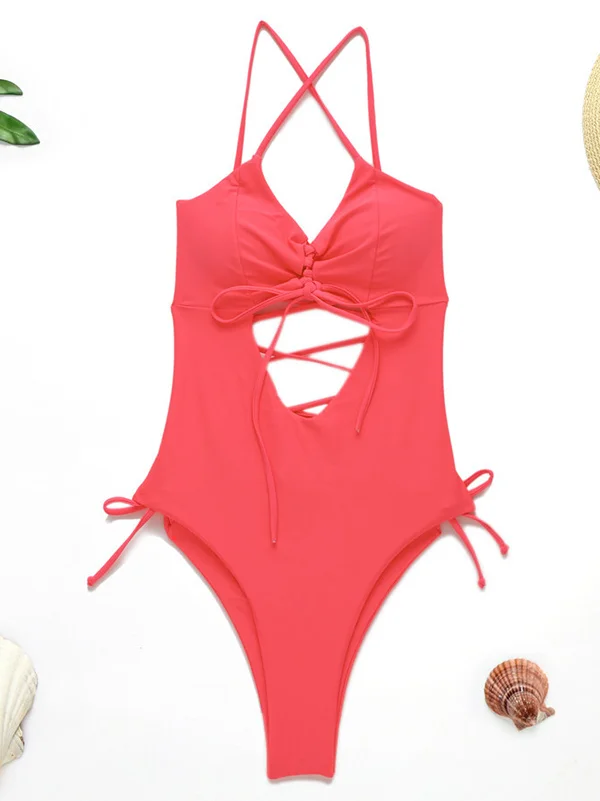 Fluorescent Color Spaghetti-Neck Hollow Bandage One-Piece Swimwear 