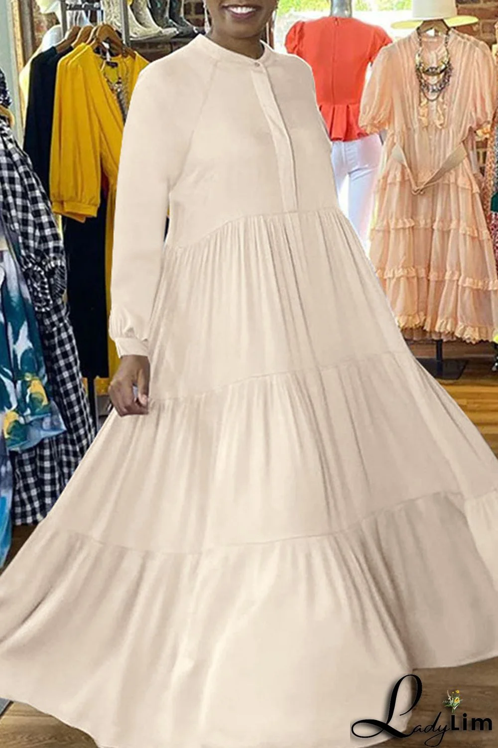 Apricot Casual Solid Patchwork Fold O Neck Straight Dresses