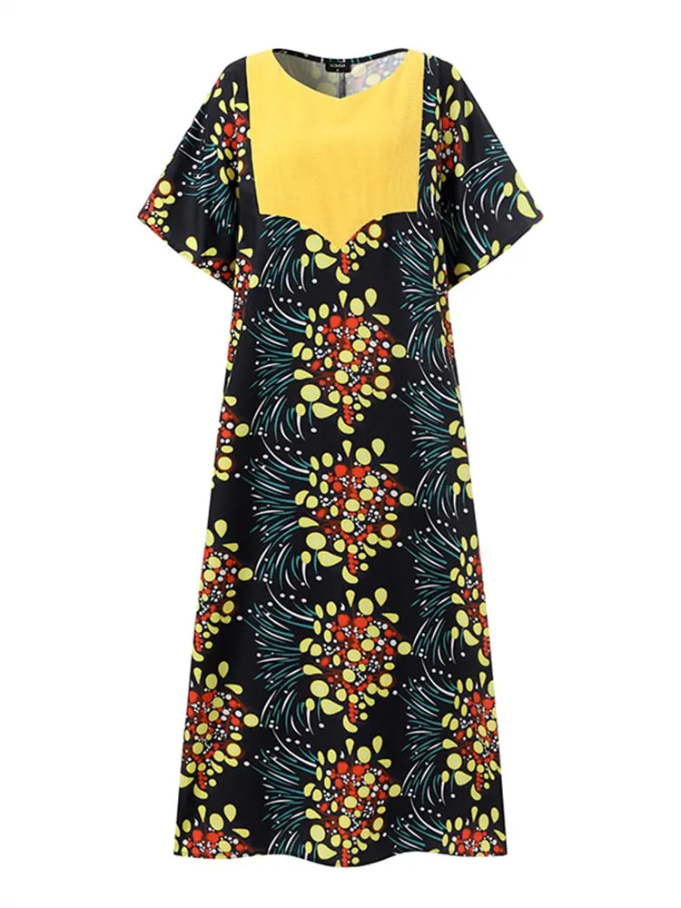 Women Bohemian Dress VONDA 2022 Summer Casual Half Sleeve Vintage Printed Maxi Dress Loose Vintage Beach Holiday Party Sundress