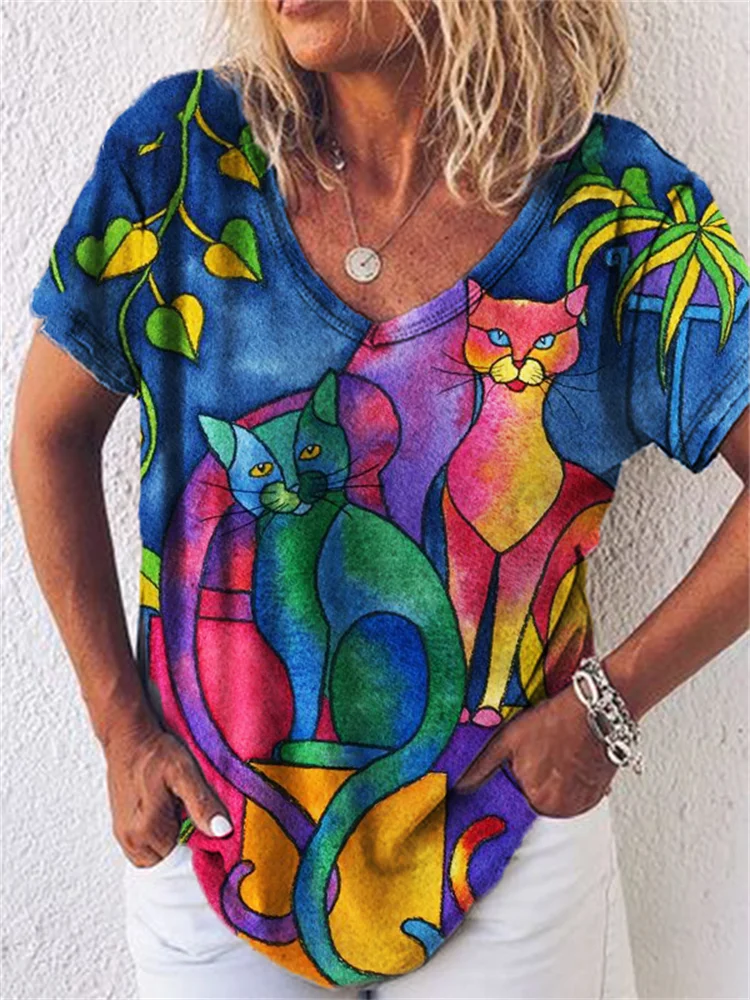 Colorful Watercolor Cats Art V Neck T Shirt