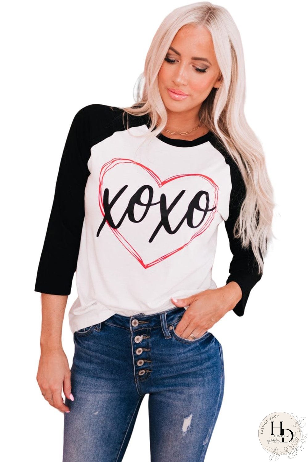 Heartwarming XOXO Patchwork Long Sleeve Tee with Color-Contrasted Sleeves
