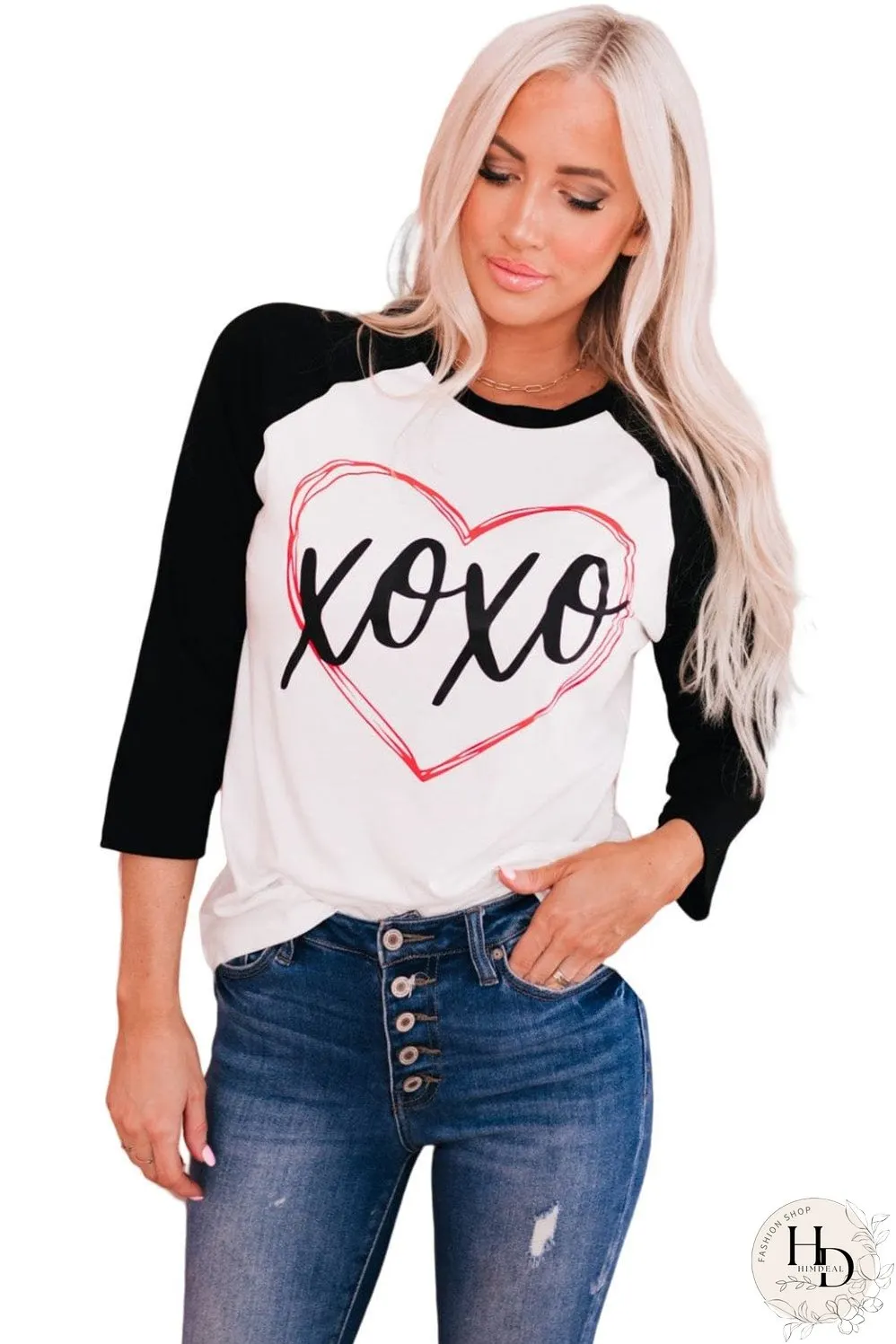 Heartwarming XOXO Patchwork Long Sleeve Tee with Color-Contrasted Sleeves