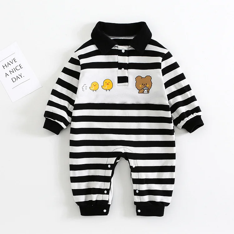 Baby Boy/Girl Cute Cartoon Print Striped Long Sleeve Romper