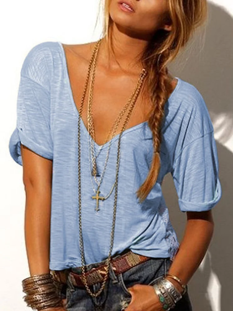 European and American explosive deep V-neck knitted T-shirt