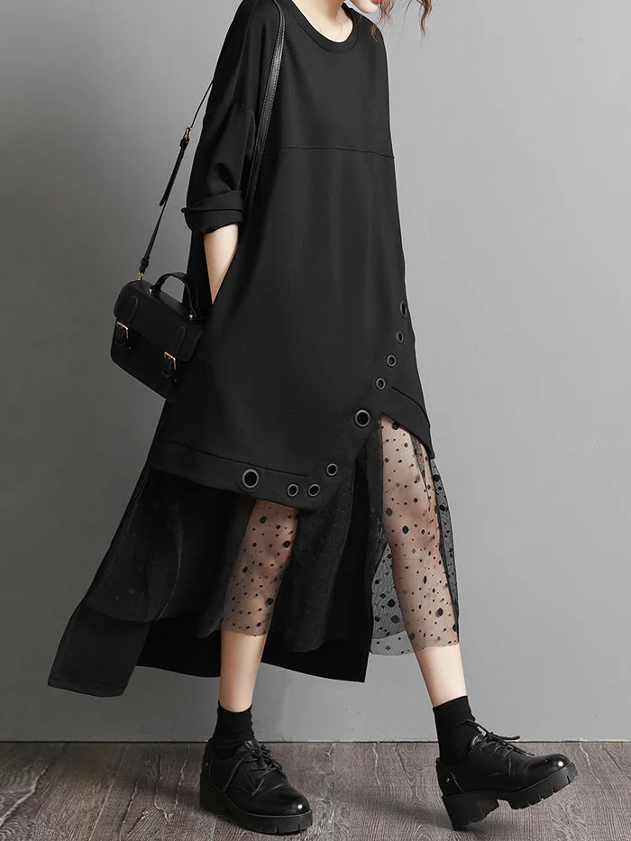 Black Paneled Mesh Pullover Dress