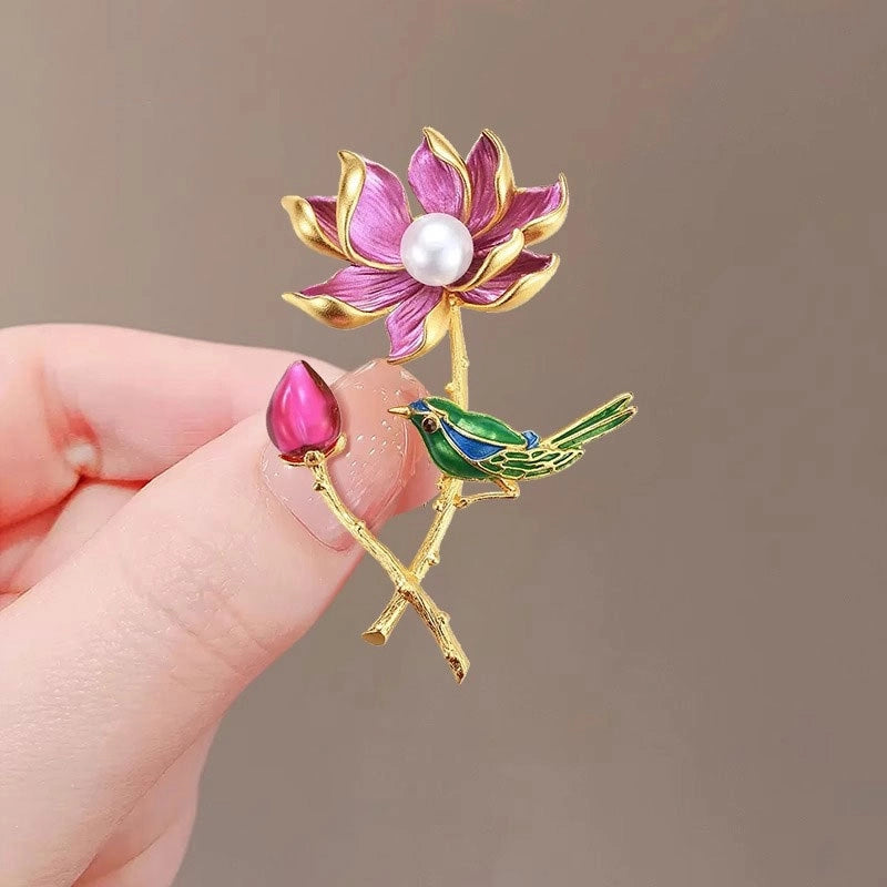 Chinese Style Magpie Lotus Brooch Women’s High-end Retro Exquisite Cheongsam Hanfu Corsage Q & A Coat Pin Accessories