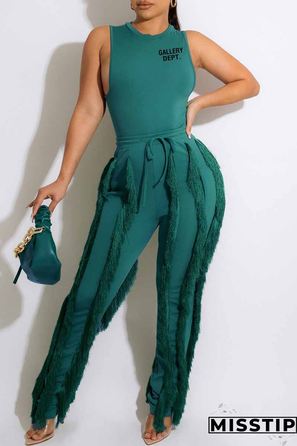 Green Street Print Tassel Letter O Neck Sleeveless Two Pieces