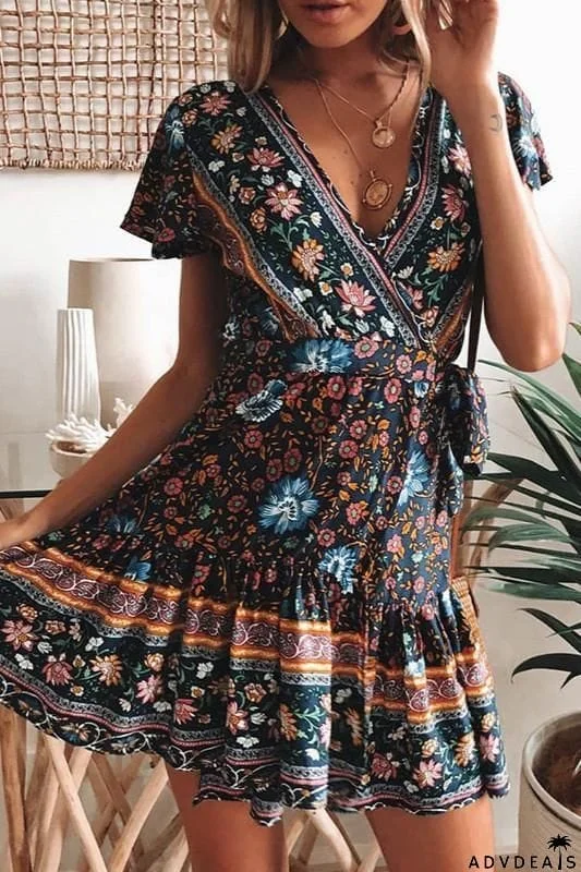 Boho Printed V Neck A-Line Dress