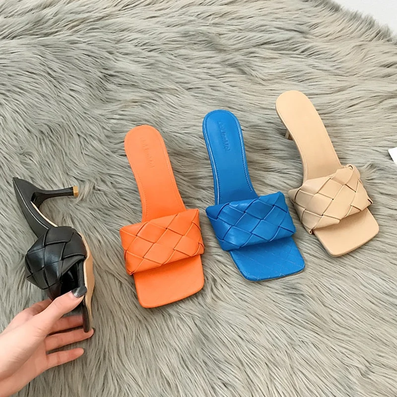 2021 Women Slippers 6cm High Heels Weave Design Summer Open Toe Solid Color Sandals Stiletto Heels Luxury Prom Woman Shoes