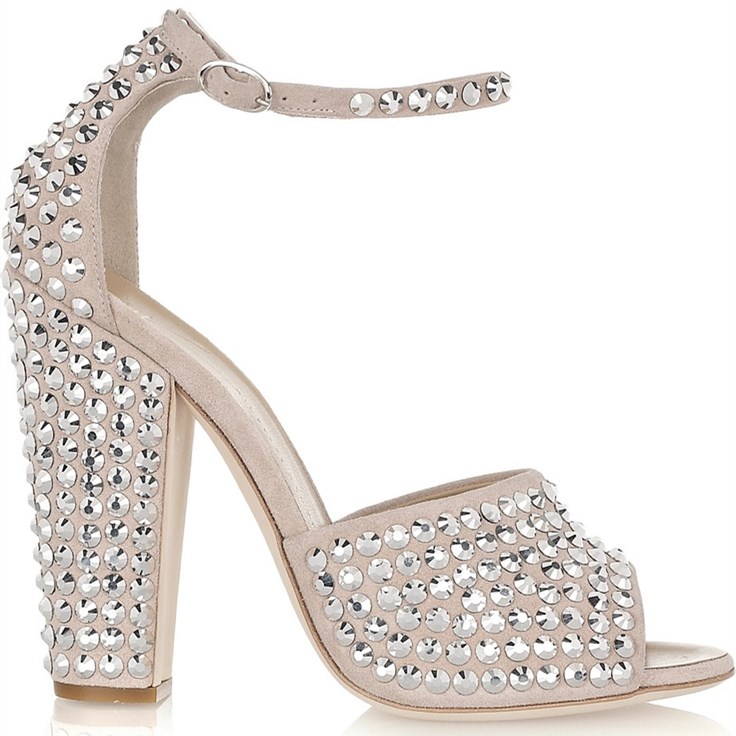 GOOSHOE Beige Ankle Strap Studded Chunky Heel Peep Toe Wedding Sandals