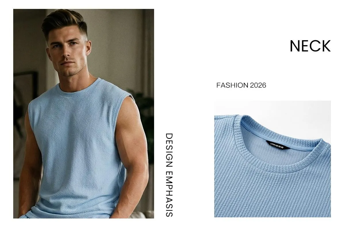 JMIERR Mens 2 Piece Rib Knit Sweatsuit Summer Sleeveless Tank Top Baggy Wide Leg Pants Set Vacation Beach Outfit for Men