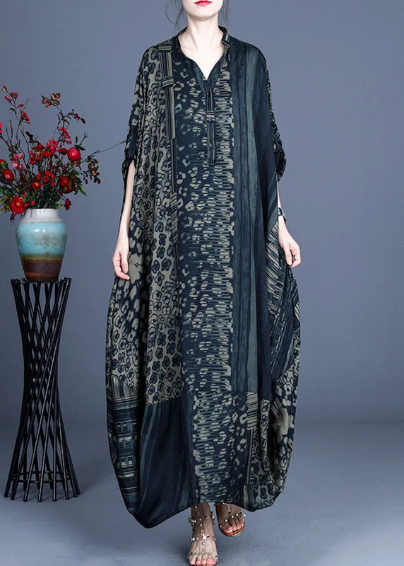 Black Button Silk Long Dresses Asymmetrical Design Short Sleeve