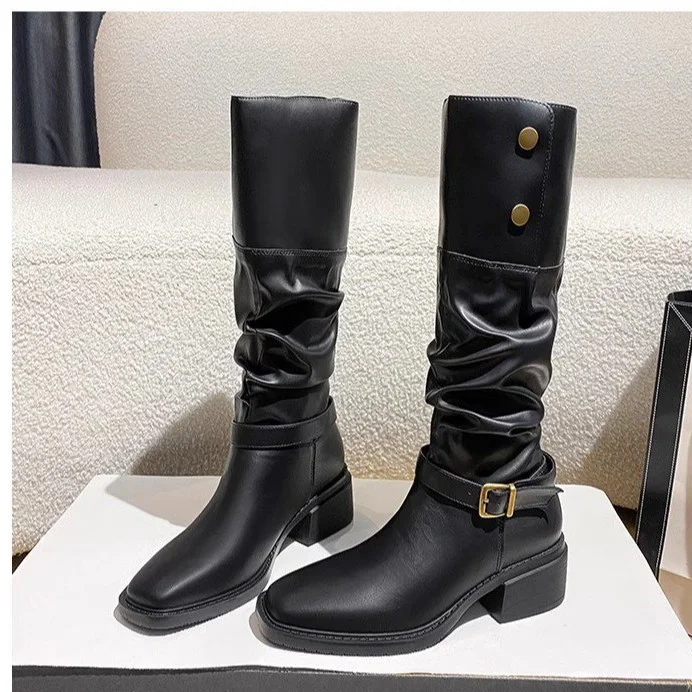 Yyvonne Coarse And Square Head Folding Pile Of Knight Boots New Autumn And Winter Temperament Net Red Two Wearing Brown Retro Boots