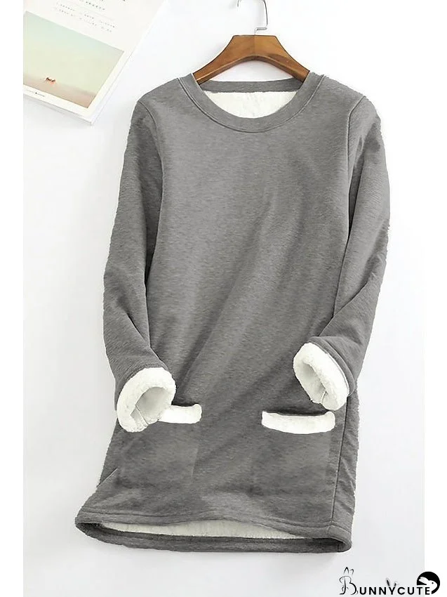 Casual Sherpa Fleece Print Black Blue Gray Solid Color Home Crew Neck Plus Size Long Sleeve for Women