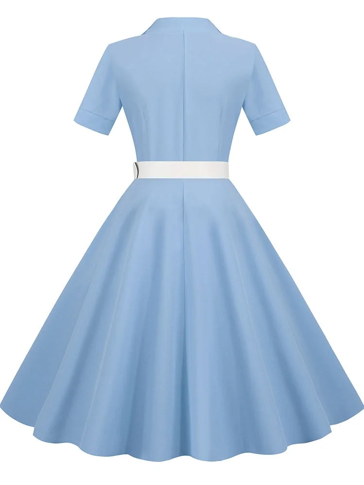Vintage Turn-down Collar Blue Summer Dress Women Elegant Short Sleeve Solid Office Party Midi Sundres A-line High Waist Vestidos