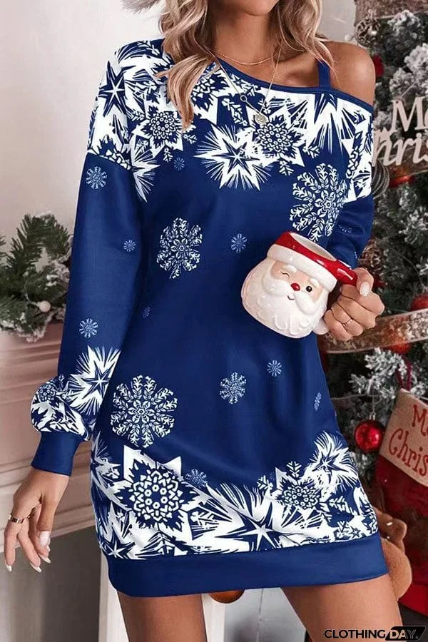 Christmas Snowflake Cold Shoulder Loose Sweatshirt Mini Dress