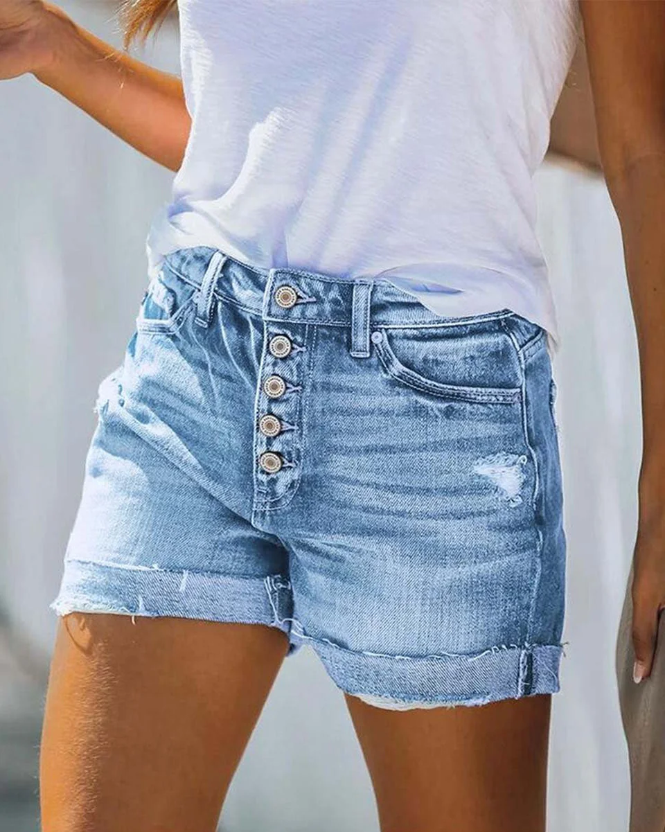 Light Blue Button-Accent Cuffed Distressed Denim Shorts - Women
