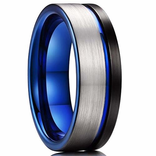 Women's Or Men's Blue,Black and Silver / Gray Triple Tone Tungsten Carbide Wedding Band Rings,Pipe Cut,Flat Edges Ring and Comfort Fit With Mens And Womens For Width 4MM 6MM 8MM 10MM