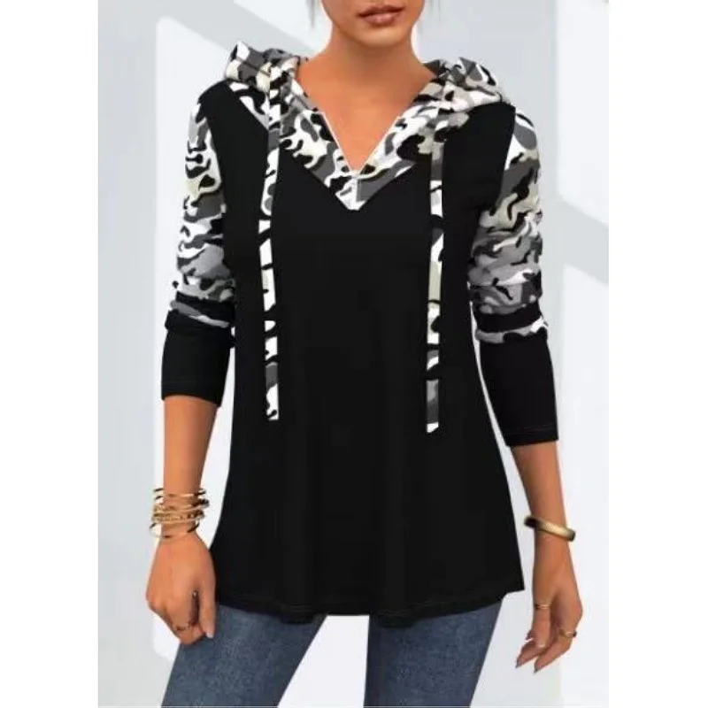 Zip Hooded Camo Contrast Print Long Sleeve Drawstring Sweatshirt