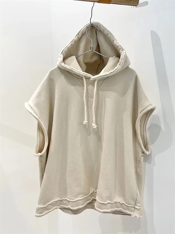 Men's Casual Frayed Frill Trim Drawstring Hooded Tank Top