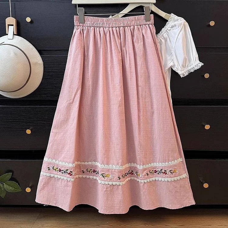 Women's Elegant Lace Flowers Embroidery Art Linen Blend Skirt