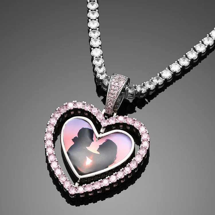 Custom Photo Rotating Double-side Hollow Heart Iced Out Pendant Necklace-VESSFUL