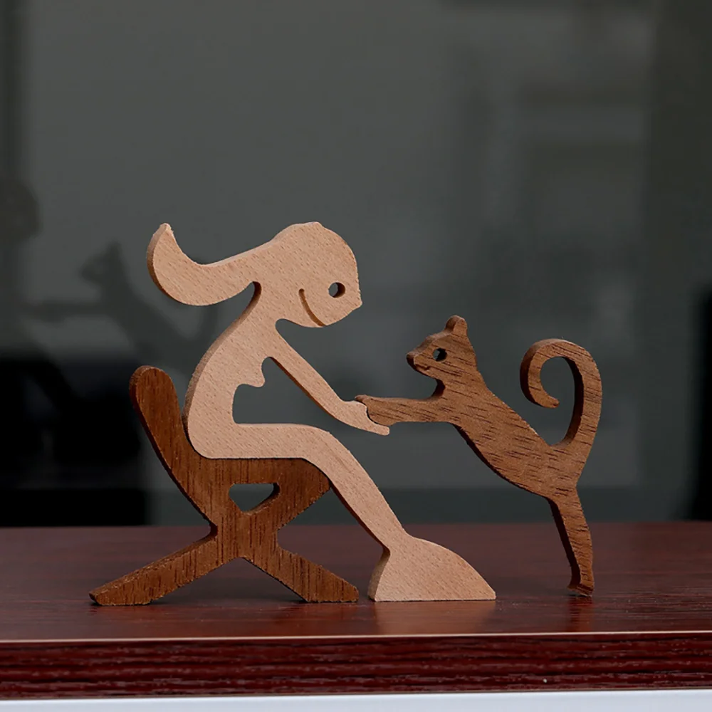 Purexcellent™ Creative wooden girl and cat home desktop carving ornament
